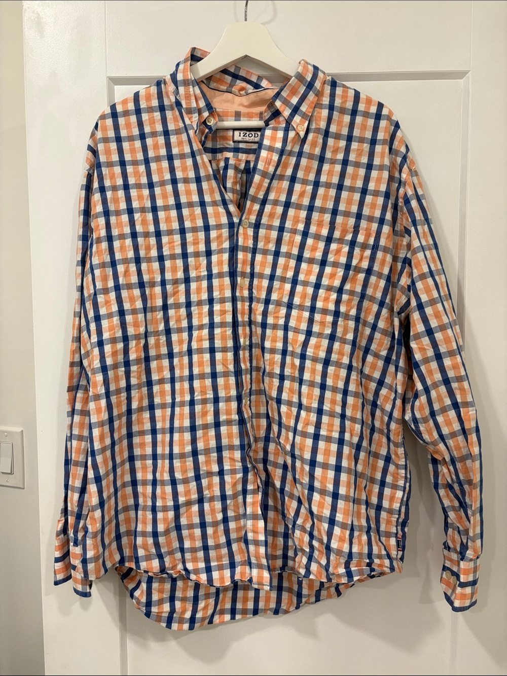 Izod Men’s Orange and Blue Plaid Button-Up Shirt